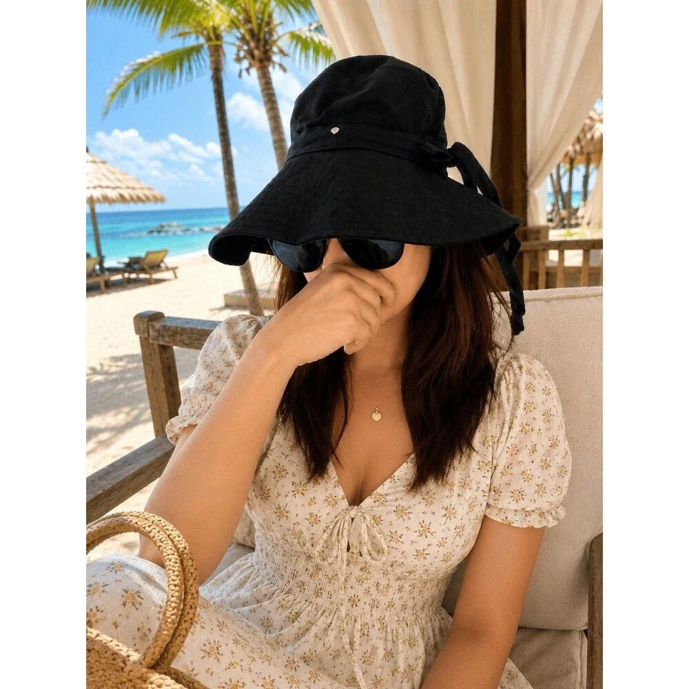 Helen Kaminski Black Wide Brim Bucket Hat Bow Detail Made in West Africa Resort - Picture 6 of 12